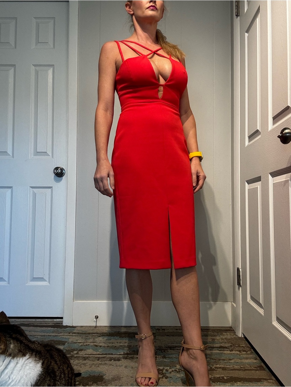 BCBGMaxAzria Red Strappy Midi Dress with Front Slit